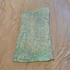 Large Midnight doll white sequin off the shoulder homecoming dress